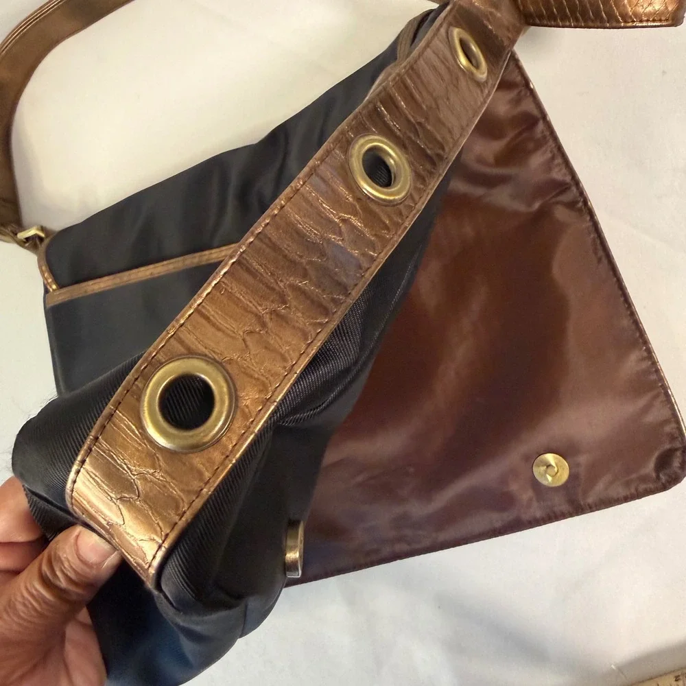 Y2K Messenger Bag Black Bronze Nylon Faux Croc Trim Grommet Detail Naturalizer